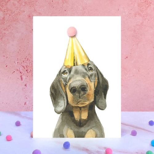 Black and Tan Dachshund Pompom Birthday Card