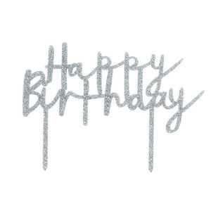 Silver Glitter 'Happy Birthday' Acrylic Cake Topper