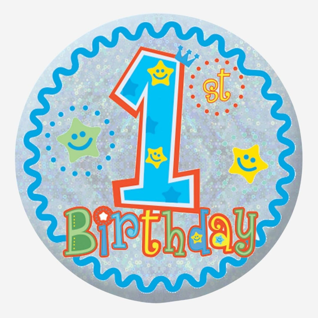 Happy 1st Birthday Blue Holographic Badge