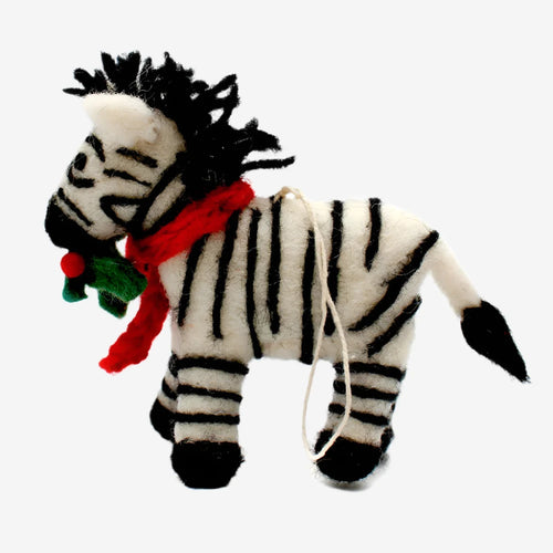 Handmade Safari Zebra with Holly Sprig Hanging Decoration