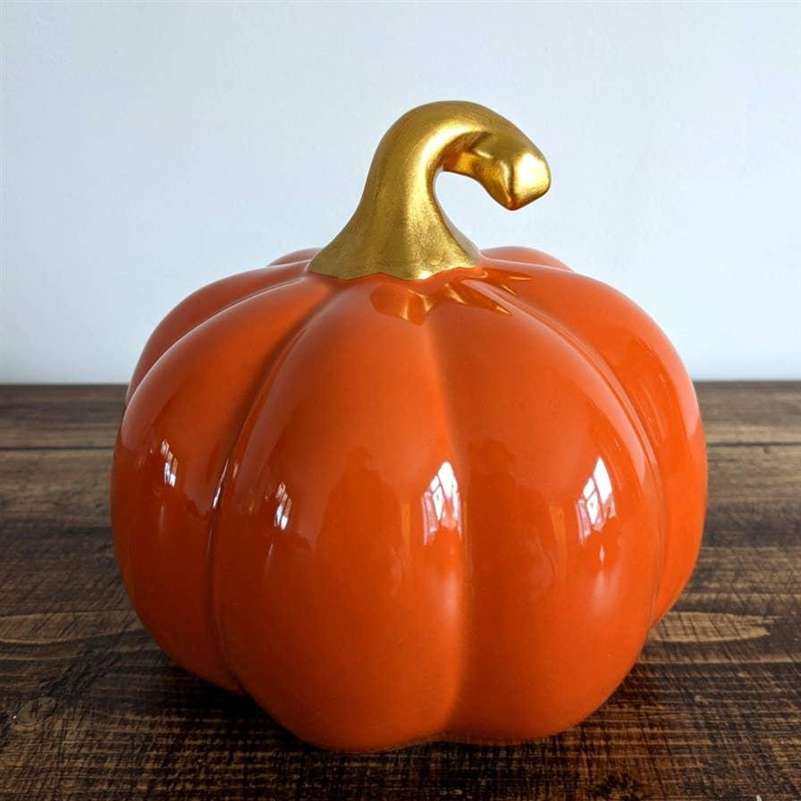 Orange Ceramic Pumpkin with Gold Stalk