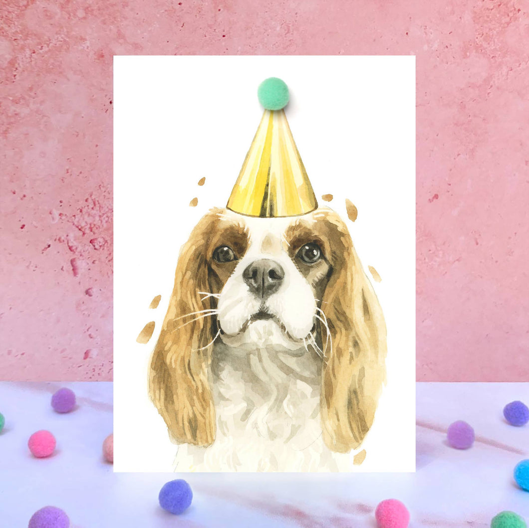 Cavalier King Charles Spaniel Pompom Birthday Card