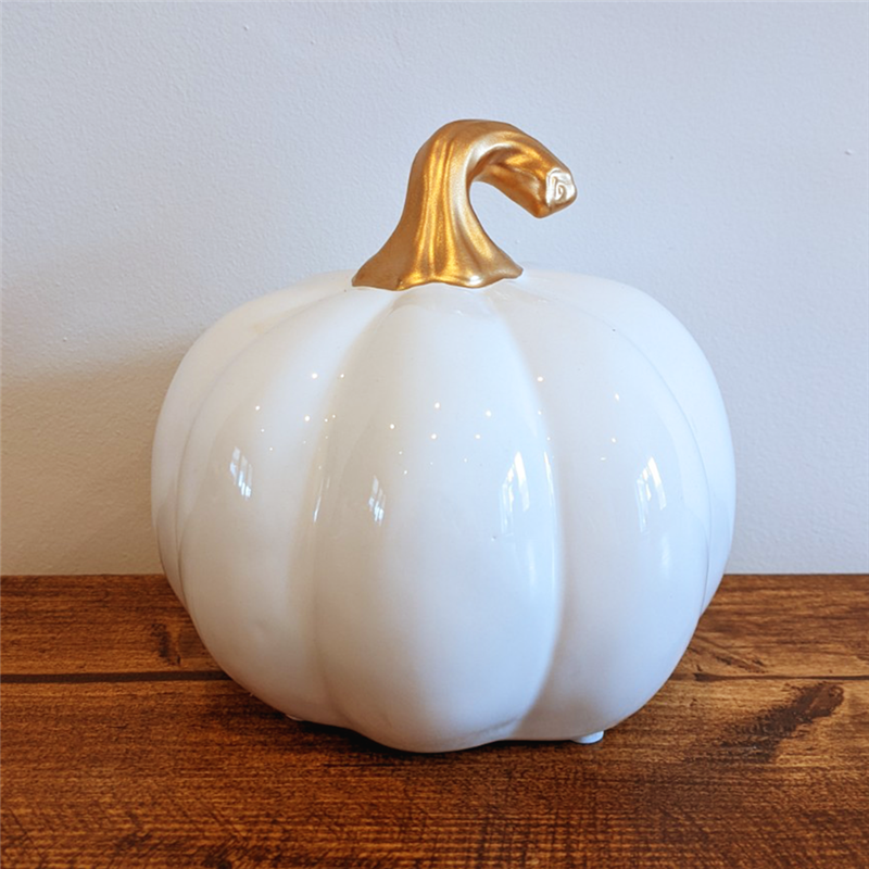 White Ceramic Pumpkin With Gold Stalk